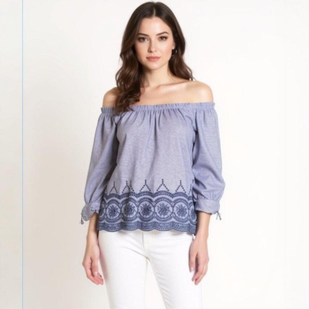 John Paul Richard Off Shoulder Top Sz XL Blue White Striped Embroidered Scallop
